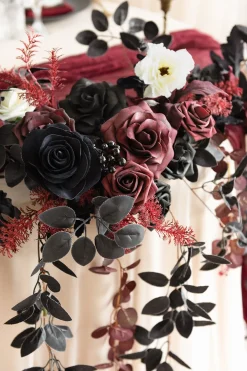 9ft Head Table Flower Garland in Moody Burgundy & Black
