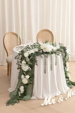 9ft Head Table Flower Garland in White & Sage | Clearance