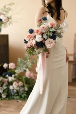 Medium Cascade Bridal Bouquet in Dusty Rose & Navy | Clearance