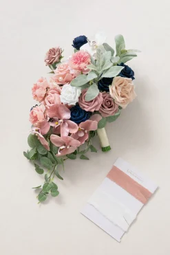 Medium Cascade Bridal Bouquet in Dusty Rose & Navy | Clearance