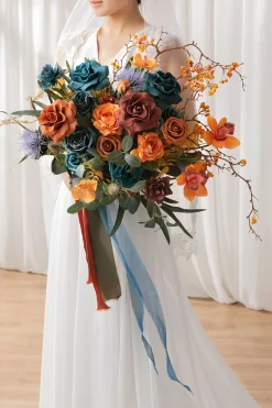 Medium Free-Form Bridal Bouquet in Dark Teal & Burnt Orange | Clearance