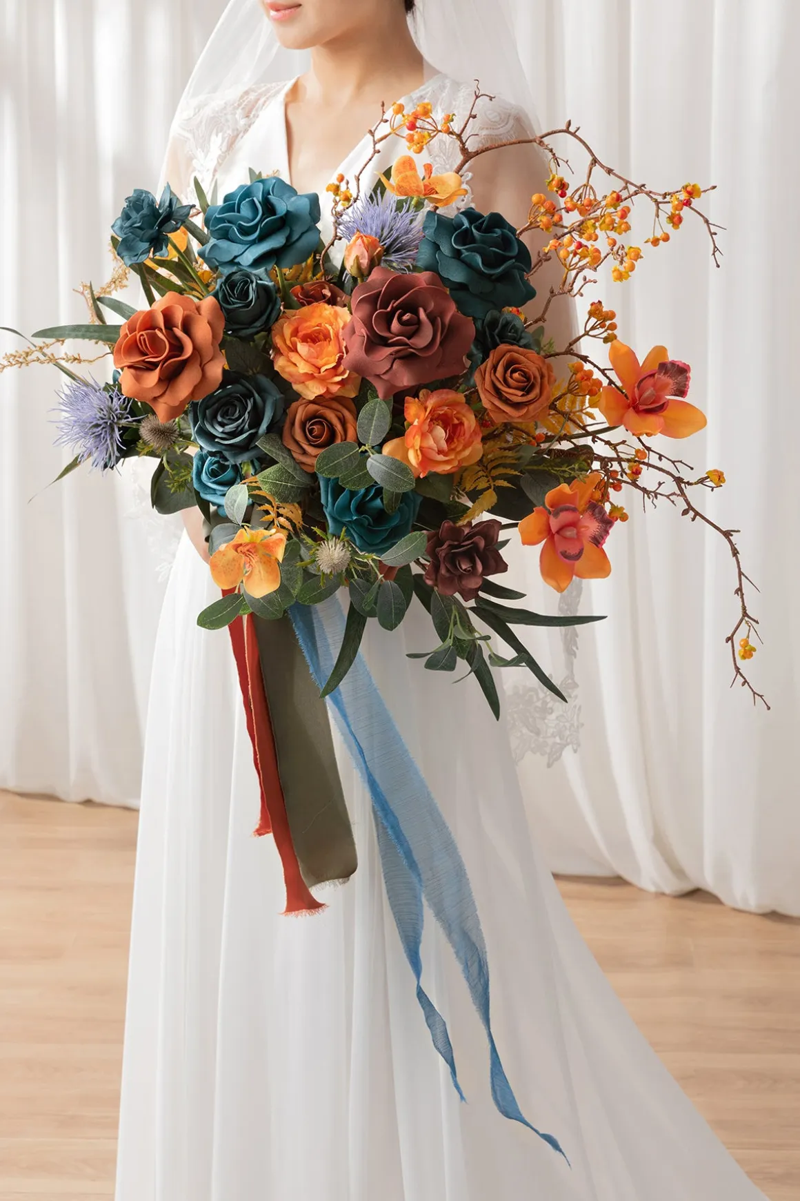 Medium Free-Form Bridal Bouquet in Dark Teal & Burnt Orange | Clearance