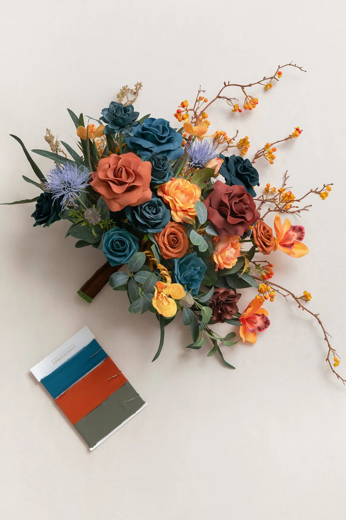 Medium Free-Form Bridal Bouquet in Dark Teal & Burnt Orange | Clearance