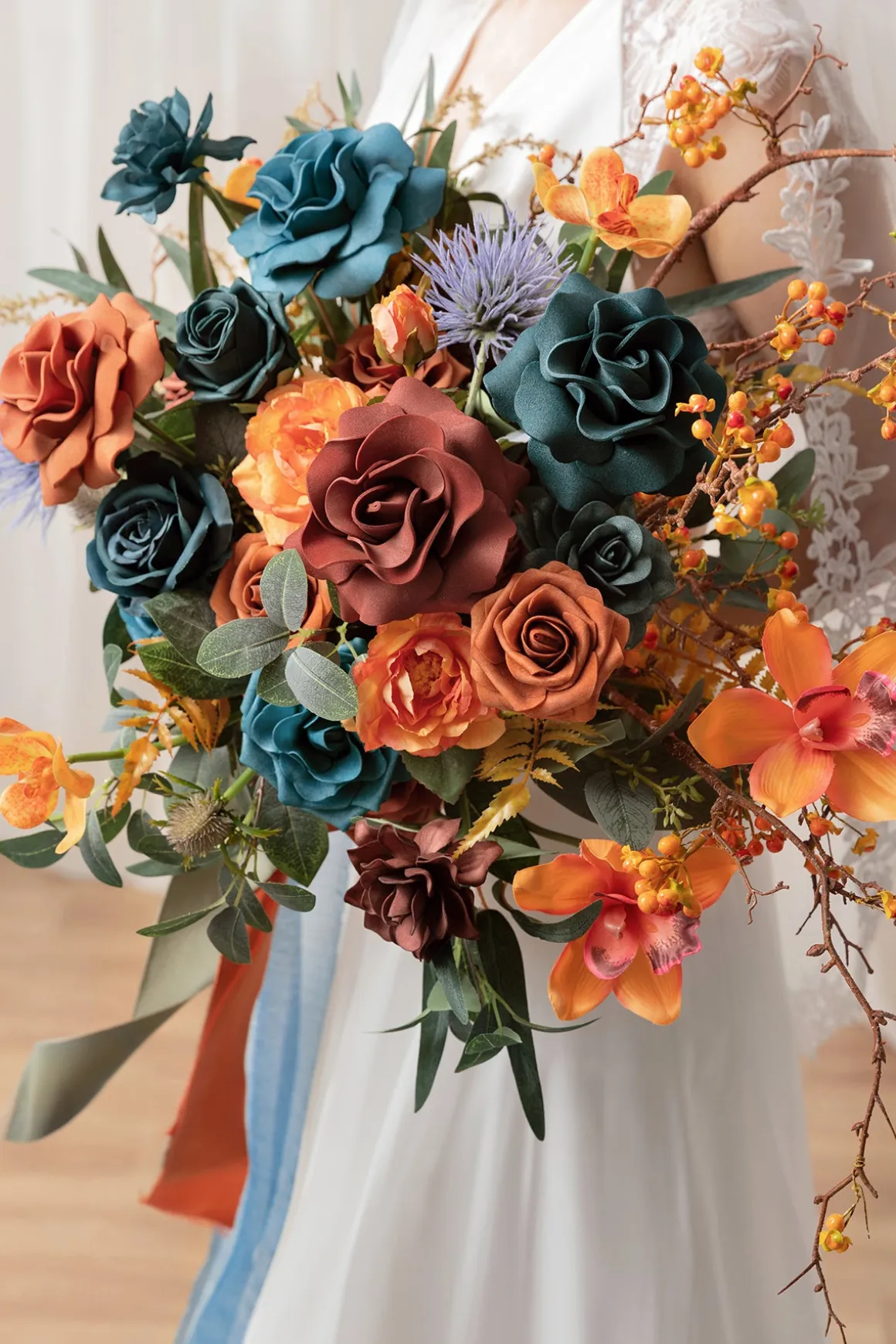 Medium Free-Form Bridal Bouquet in Dark Teal & Burnt Orange | Clearance