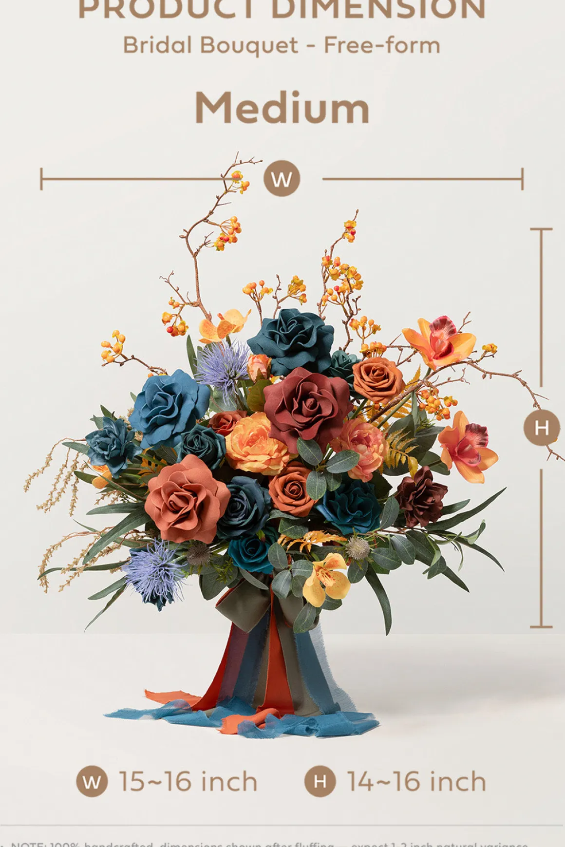 Medium Free-Form Bridal Bouquet in Dark Teal & Burnt Orange | Clearance