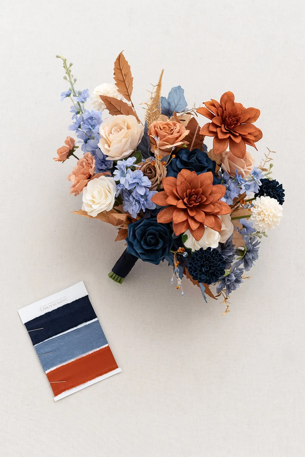 Medium Free-Form Bridal Bouquet in Russet Orange & Denim Blue