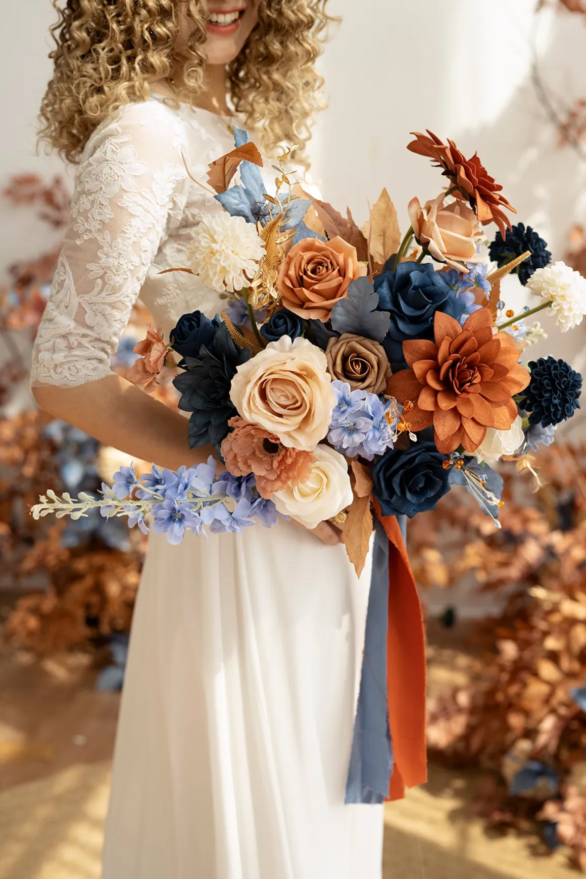 Medium Free-Form Bridal Bouquet in Russet Orange & Denim Blue