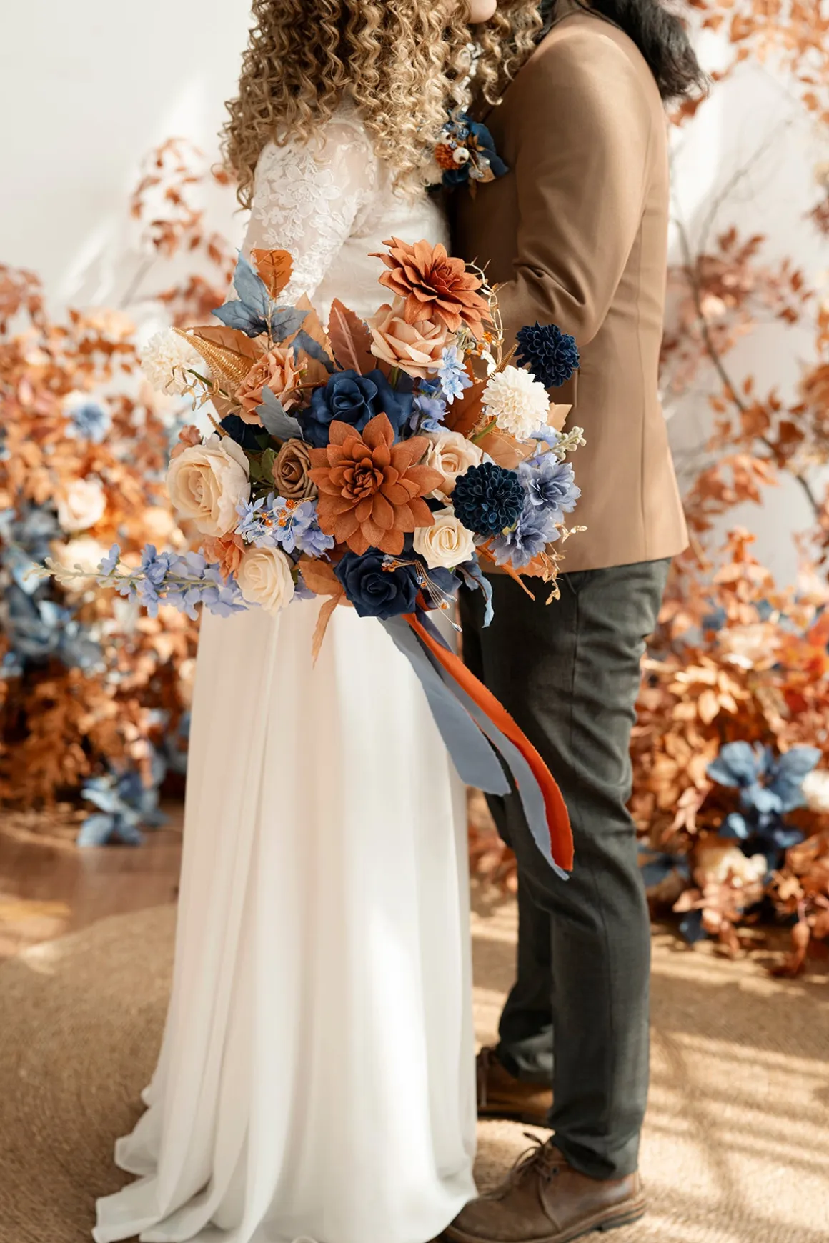 Medium Free-Form Bridal Bouquet in Russet Orange & Denim Blue