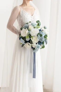 Medium Round Bridal Bouquet in Dusty Blue & Navy | Clearance