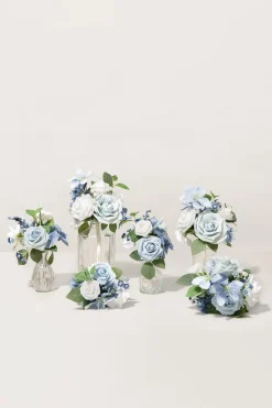 Mini Premade Flower Centerpiece Set in Dusty Blue & White