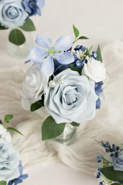 Mini Premade Flower Centerpiece Set in Dusty Blue & White