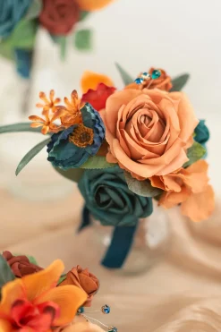 Mini Ready-to-Use Flower Centerpiece Set in Dark Teal & Burnt Orange