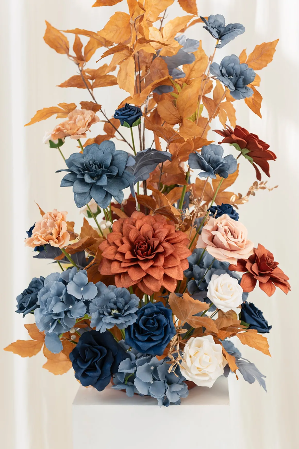 Oversized Free-Standing Ground Flower Arrangements in Russet Orange & Denim Blue | Clearance
