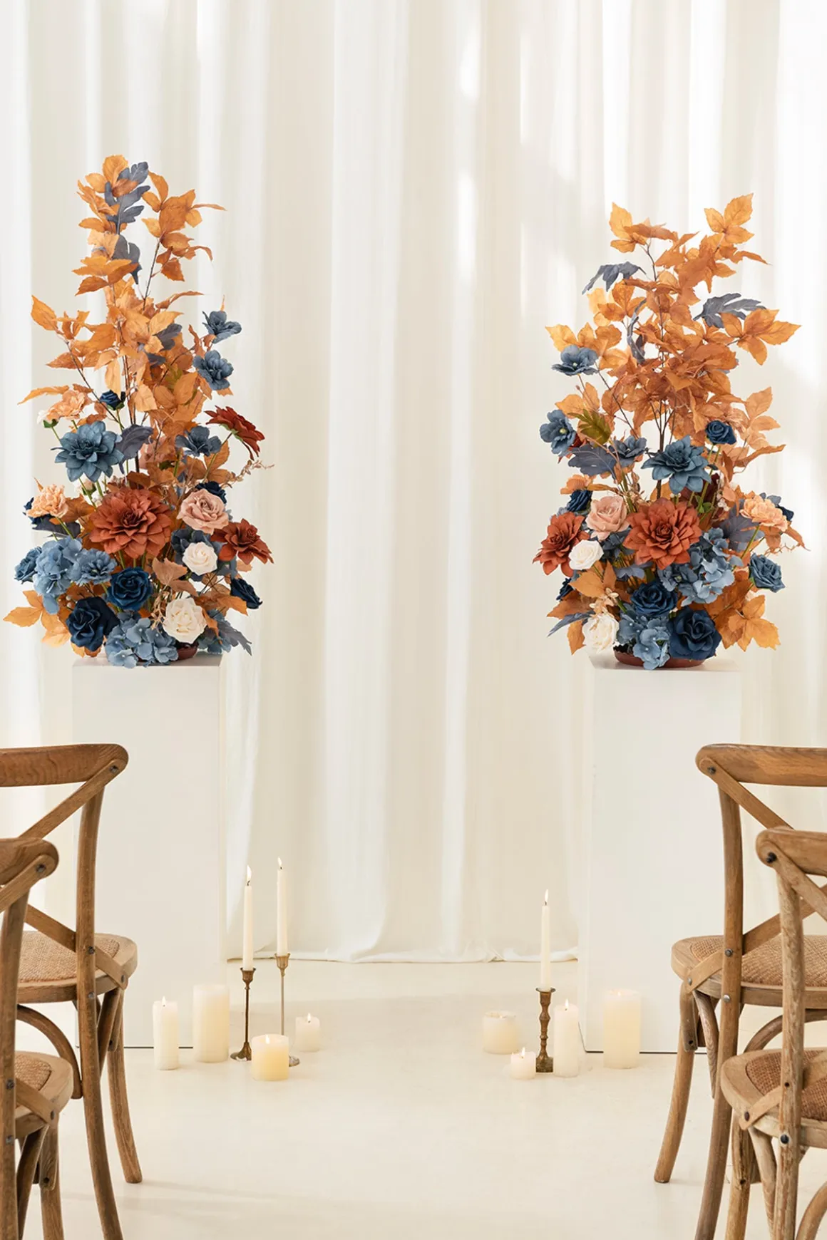 Oversized Free-Standing Ground Flower Arrangements in Russet Orange & Denim Blue | Clearance