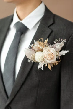 Pocket Square Boutonniere for Groom in White & Beige | Clearance