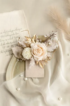 Pocket Square Boutonniere for Groom in White & Beige | Clearance