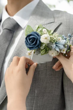 Pocket Square Boutonniere for Groom in Dusty Blue & Navy