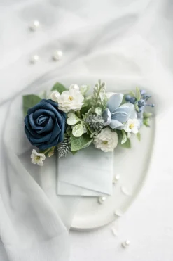 Pocket Square Boutonniere for Groom in Dusty Blue & Navy