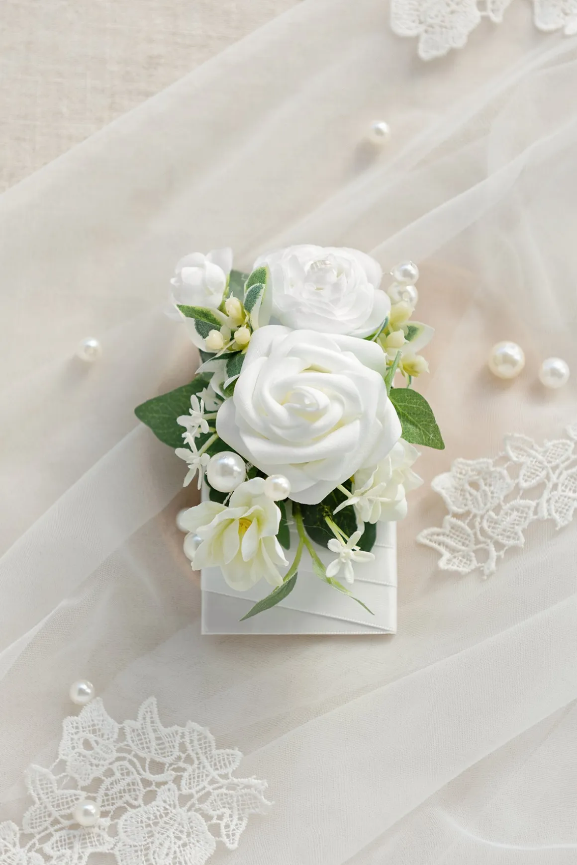 Pocket Square Boutonniere for Groom in White & Sage