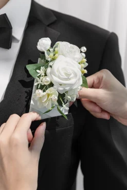 Pocket Square Boutonniere for Groom in White & Sage