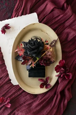 Pocket Square Boutonniere for Groom in Moody Burgundy & Black