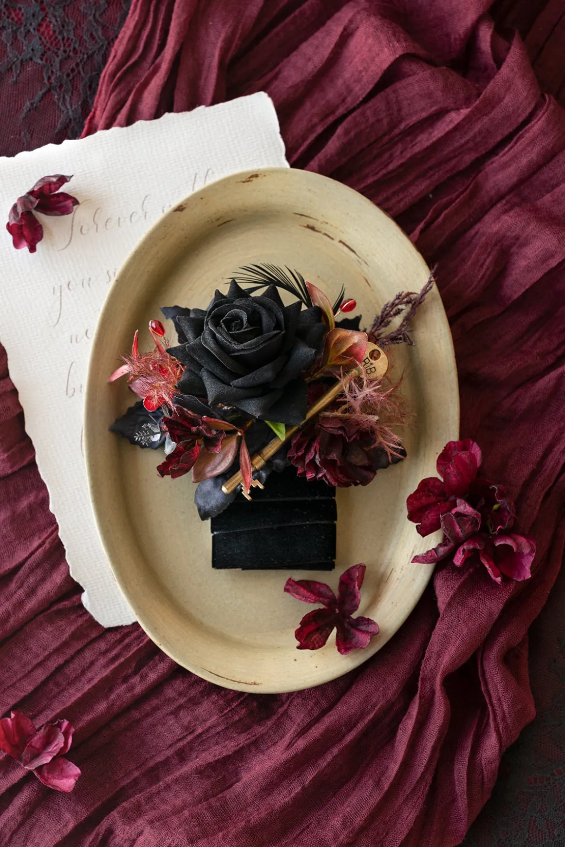 Pocket Square Boutonniere for Groom in Moody Burgundy & Black