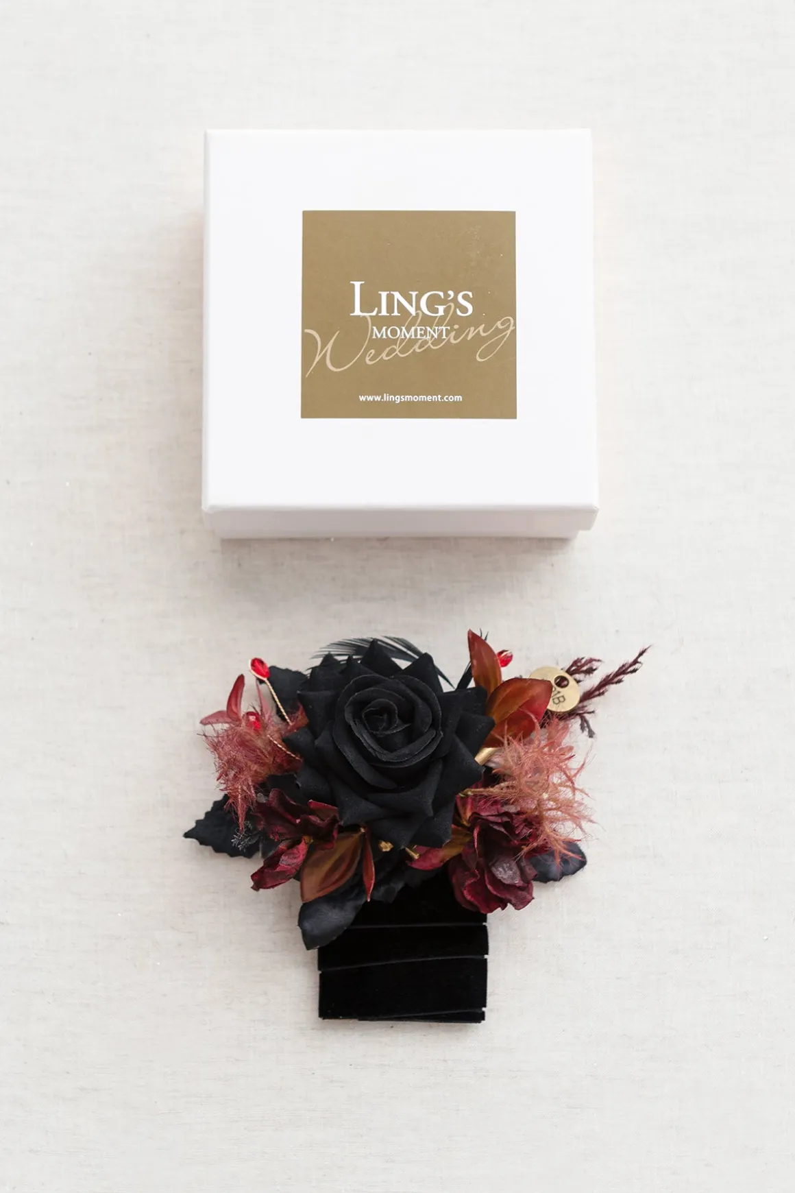 Pocket Square Boutonniere for Groom in Moody Burgundy & Black