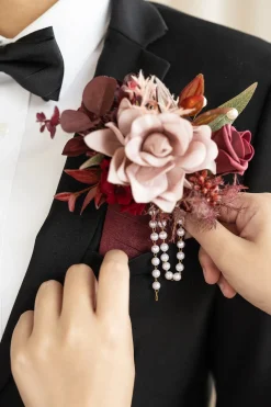 Pocket Square Boutonniere for Groom in Burgundy & Dusty Rose | Clearance