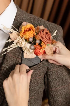 Pocket Square Boutonniere for Groom in Passion Terracotta | Clearance