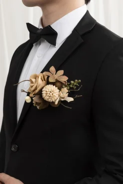 Pocket Square Boutonniere for Groom in Sand Beige & Toffee | Clearance