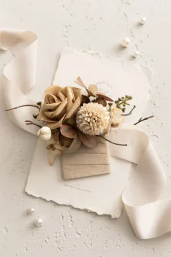 Pocket Square Boutonniere for Groom in Sand Beige & Toffee | Clearance
