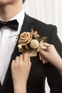 Pocket Square Boutonniere for Groom in Sand Beige & Toffee | Clearance