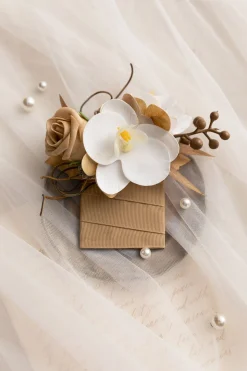 Pocket Square Boutonniere for Groom in Tawny Beige & Sand Beige | Clearance
