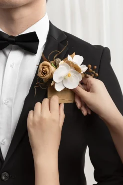 Pocket Square Boutonniere for Groom in Tawny Beige & Sand Beige | Clearance