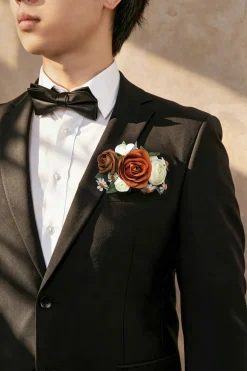 Pocket Square Boutonniere for Groom in Earth Brown & Burnt Orange