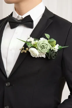Pocket Square Boutonniere for Groom in Emerald & Tawny Beige