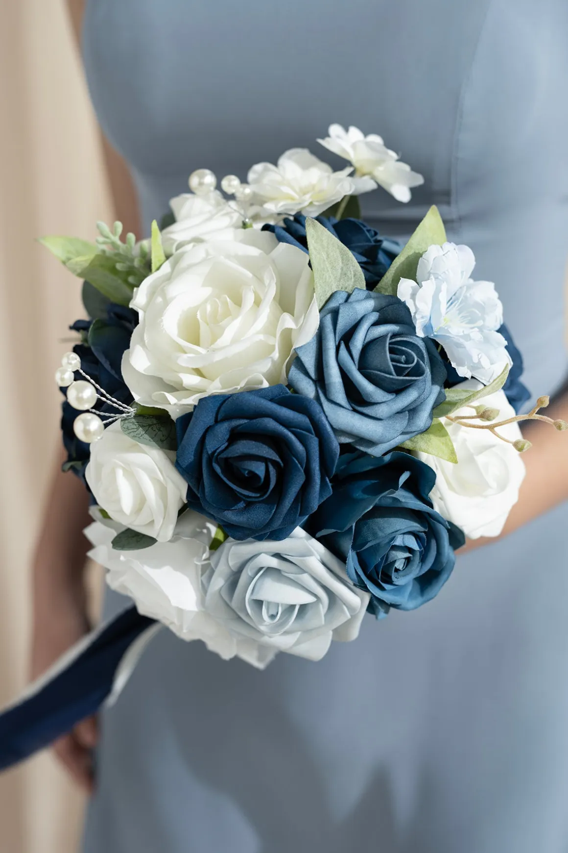 Round Bridesmaid Bouquet in Dusty Blue & Navy