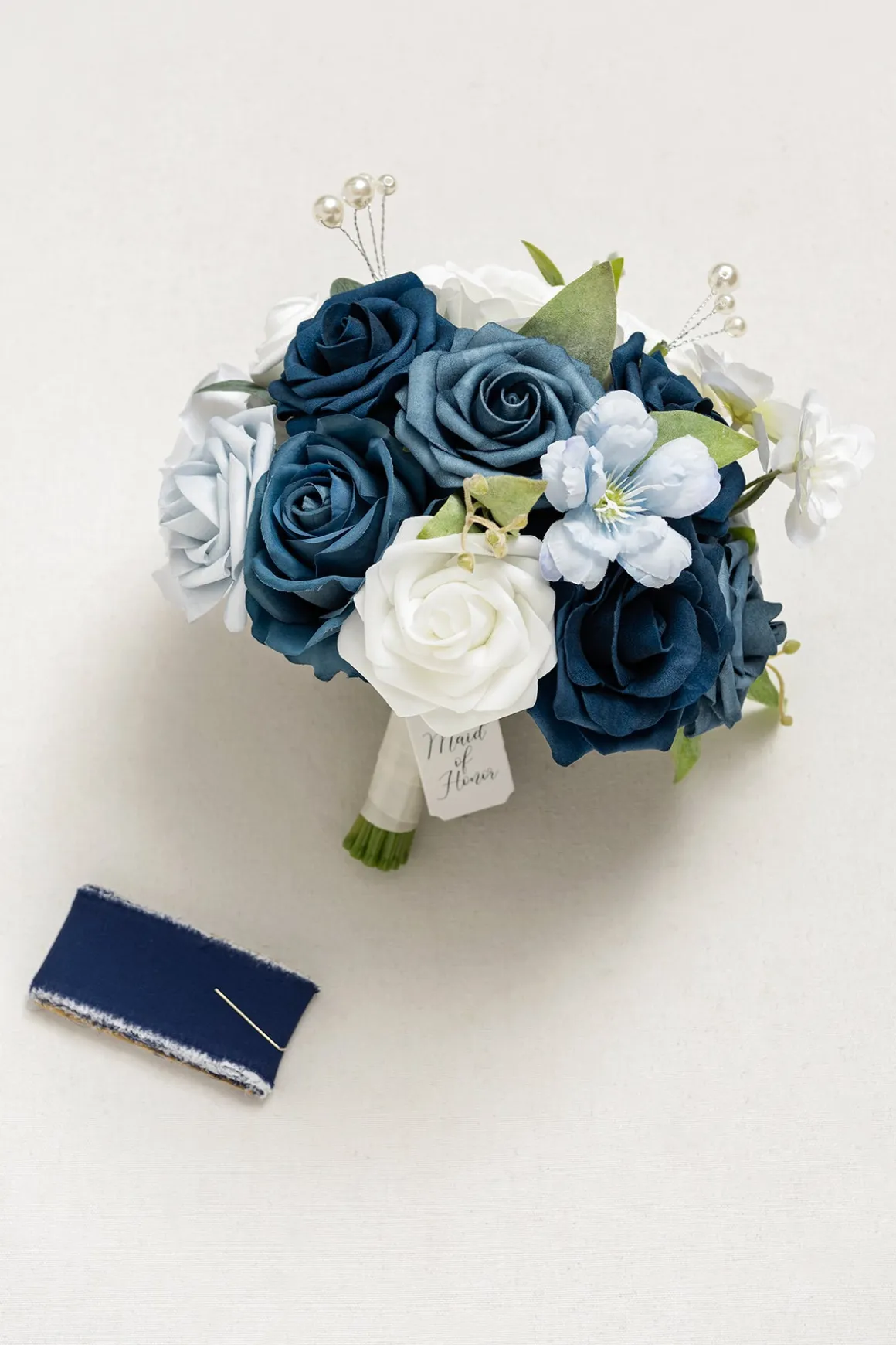 Round Bridesmaid Bouquet in Dusty Blue & Navy