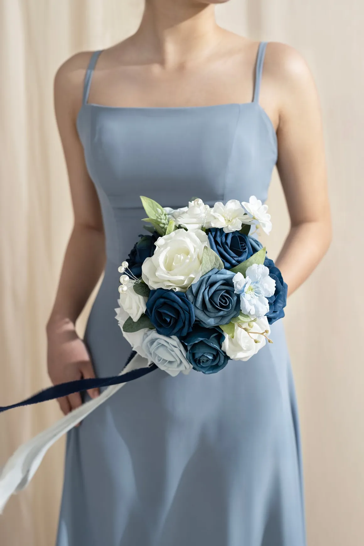 Round Bridesmaid Bouquet in Dusty Blue & Navy