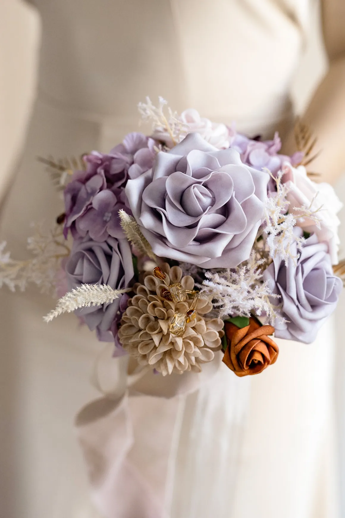 Round Bridesmaid Bouquets in Lavender Aster & Burnt Orange | Clearance