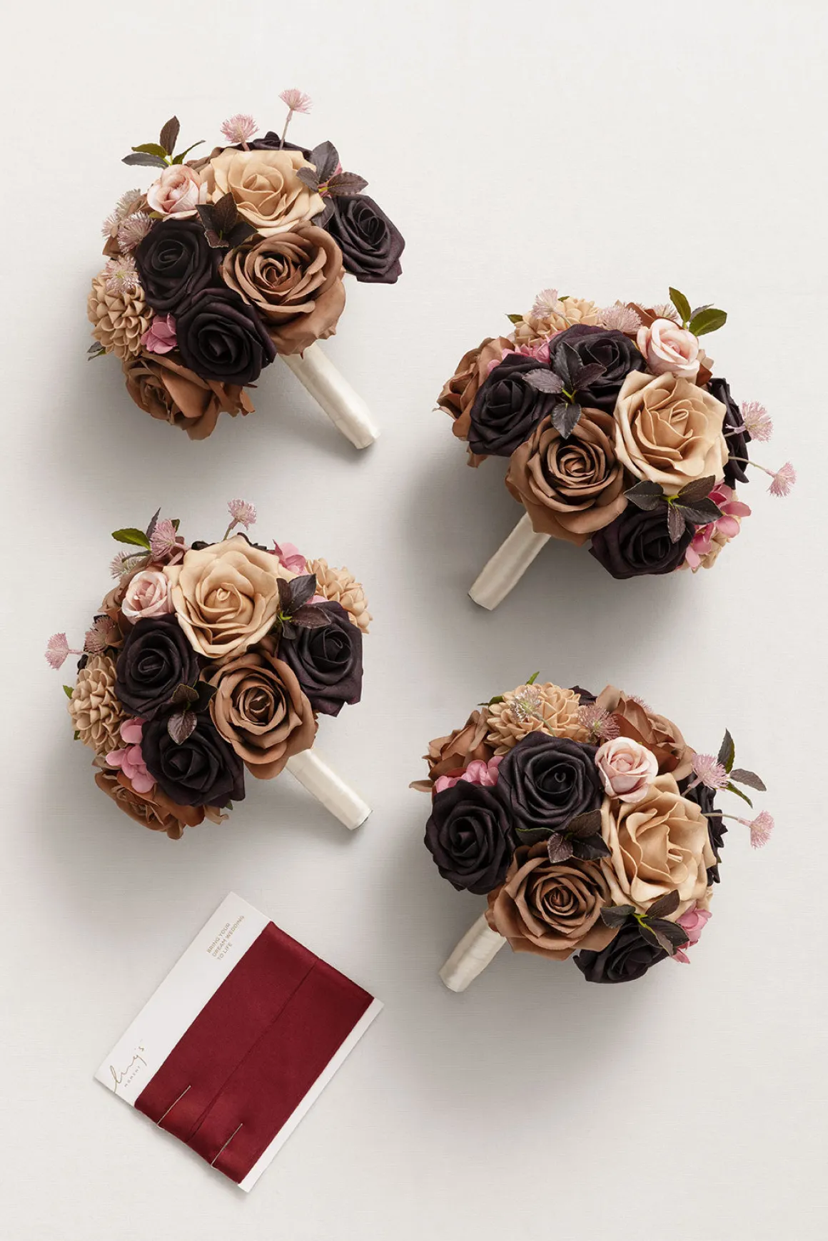 Round Bridesmaid Bouquets in Earth Brown & Black Baccara (Set of 4)