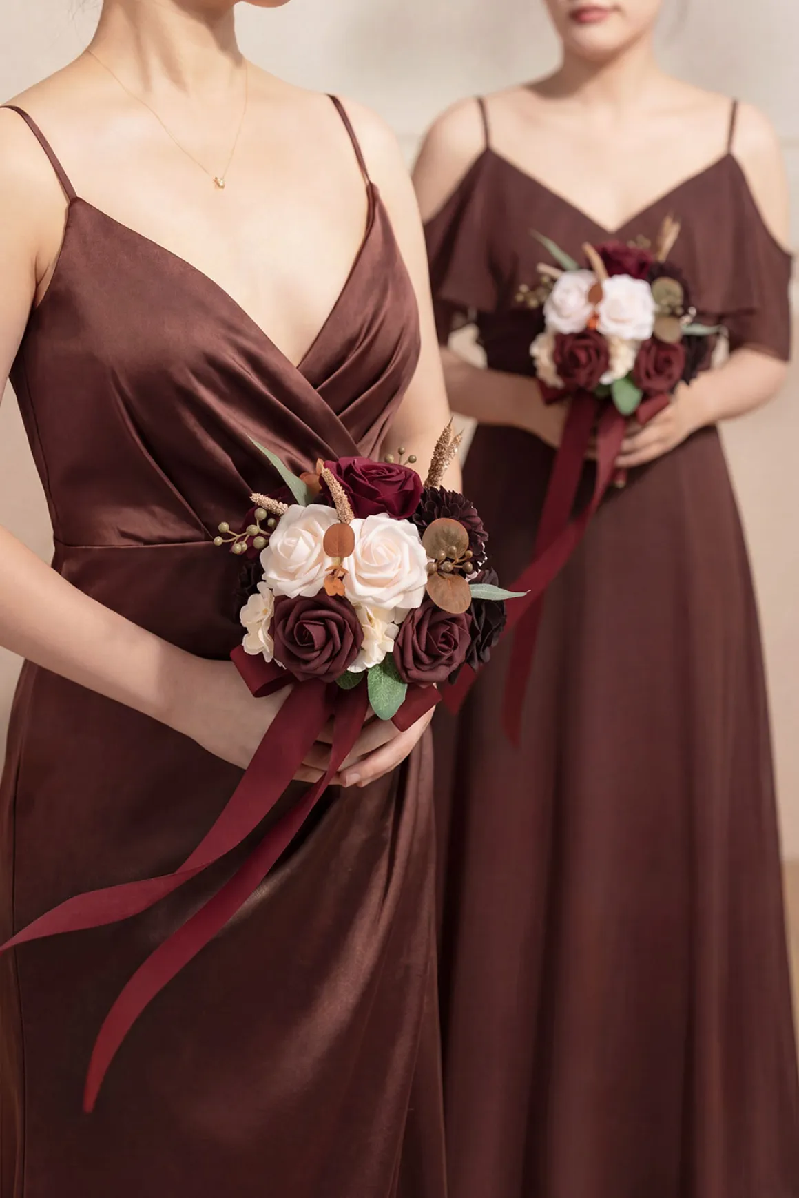Round Bridesmaid Bouquets in Burgundy & Powder Pink (Set of 4)