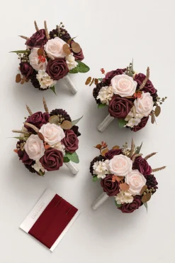 Round Bridesmaid Bouquets in Burgundy & Powder Pink (Set of 4)