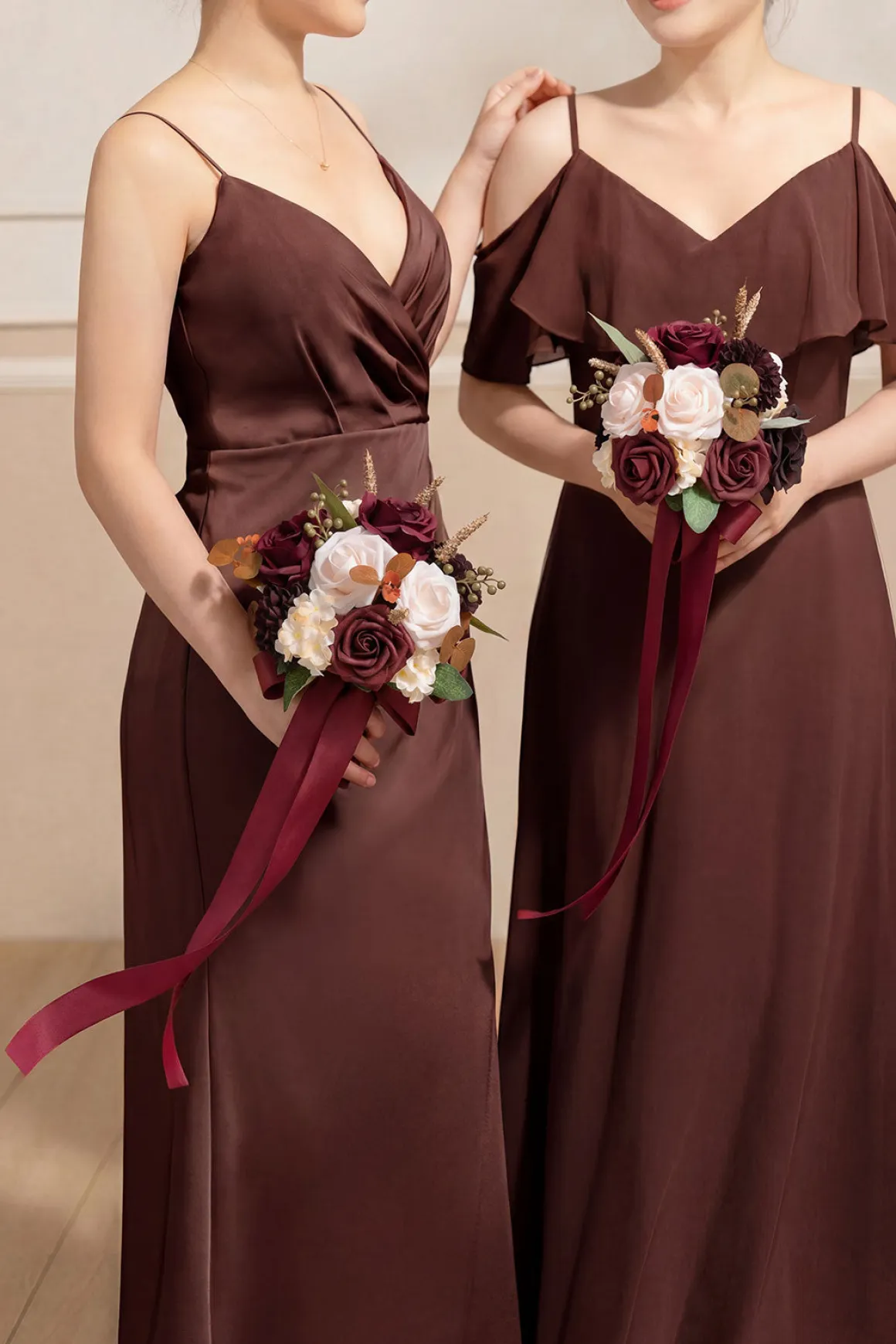 Round Bridesmaid Bouquets in Burgundy & Powder Pink (Set of 4)