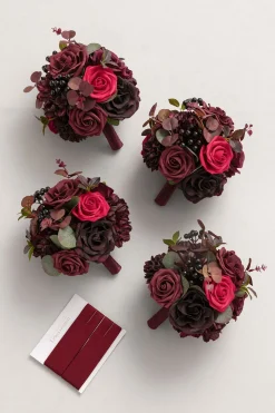 Round Bridesmaid Bouquets in Burgundy & Black Baccara (Set of 4)