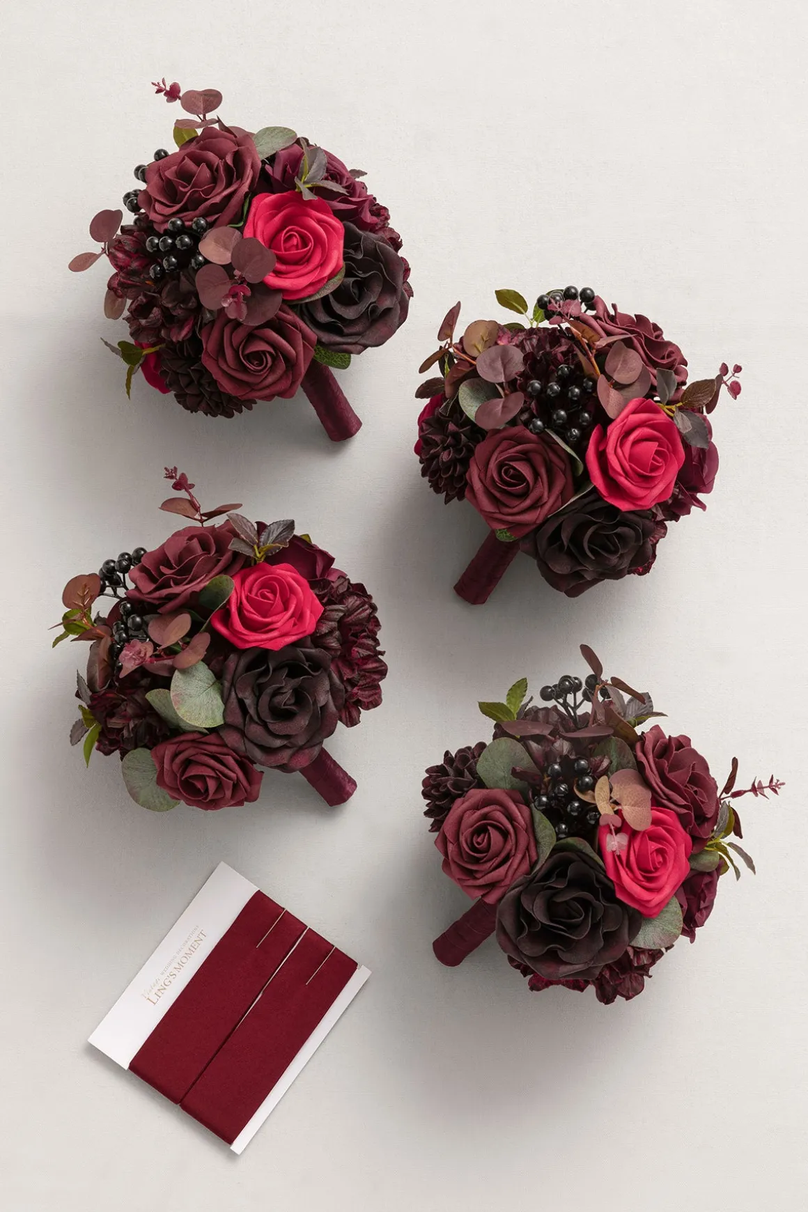 Round Bridesmaid Bouquets in Burgundy & Black Baccara (Set of 4)