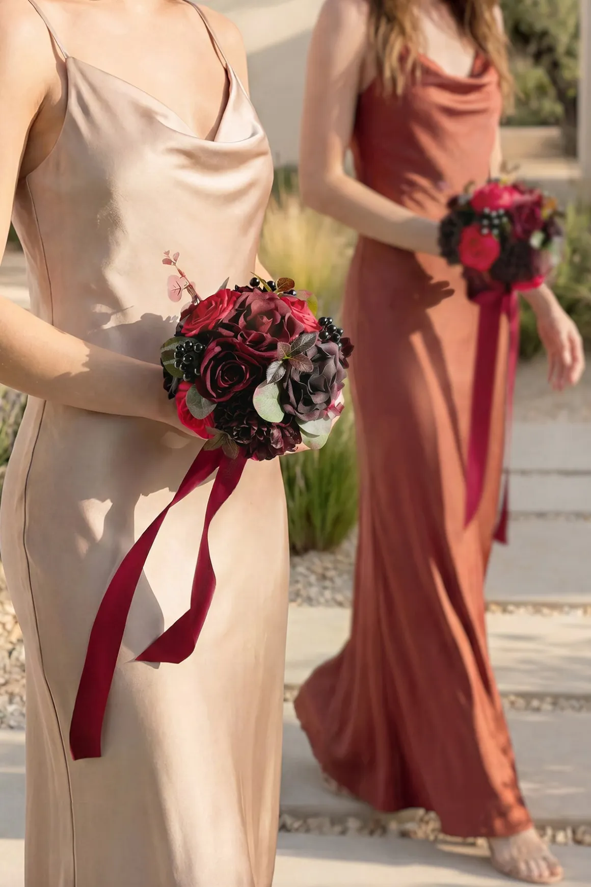 Round Bridesmaid Bouquets in Burgundy & Black Baccara (Set of 4)