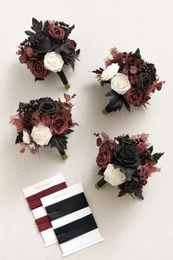 Round Bridesmaid Bouquets in Moody Burgundy & Black