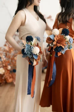 Round Bridesmaid Bouquets in Russet Orange & Denim Blue