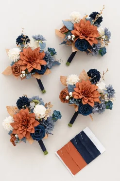 Round Bridesmaid Bouquets in Russet Orange & Denim Blue